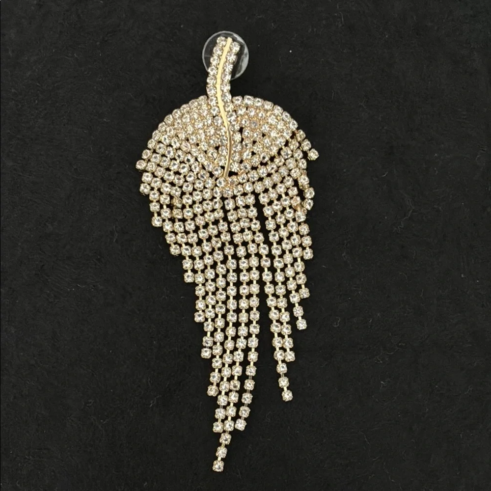 Leaf Dangle Statement Tassel Earrings in Gold Tone & Clear Rhinestone